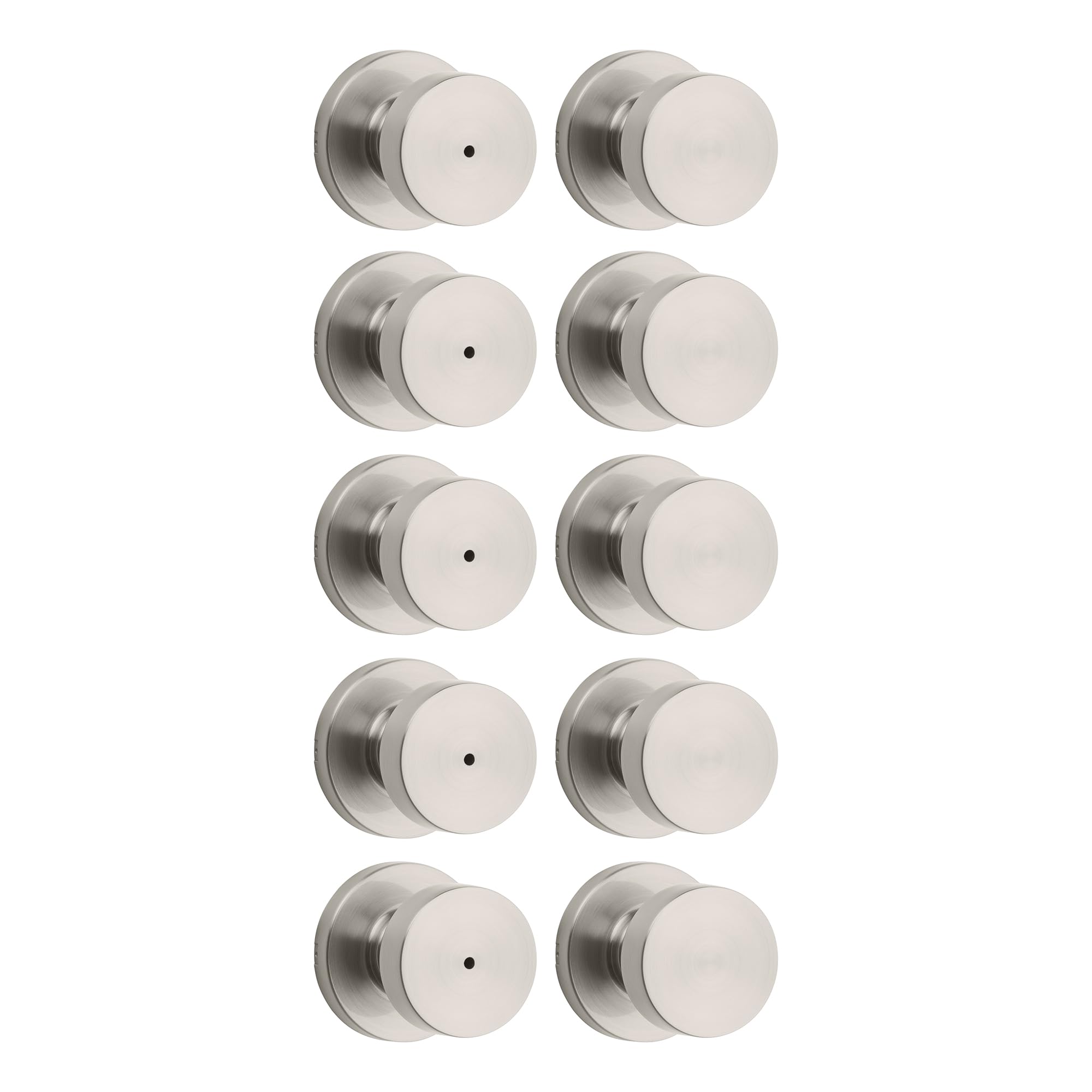 Kwikset Pismo Door Knob Set, 10 Pack with 5 Non-Locking Passage and 5 Locking Keyless Privacy Handles, with Round Rose, Featuring Microban Protection in Satin Nickel