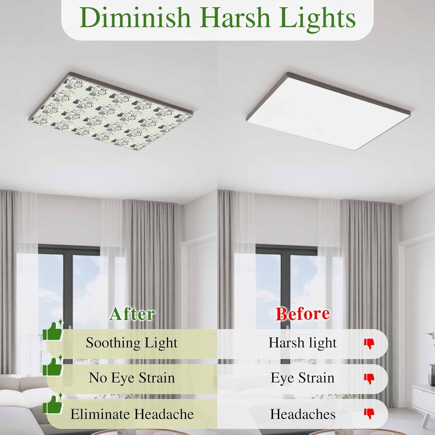 2x4 ft Fluorescent Light Cover for Ceiling Cartoon Easter White Black Rabbits on Green Magnetic Light Filters, Love Heart Ceiling Lampshades for Home School Office 4Pcs