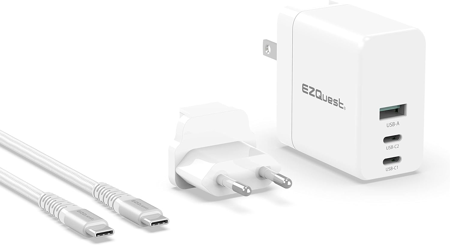 EZQuest 90W USB C Charger - 2X USB-C, 1X USB-A Port, with 2 Meter Cable - Fast Charging Block PD - GAN Charger Wall - EU Converter Compatible for MacBook Pro & Other Type C Devices