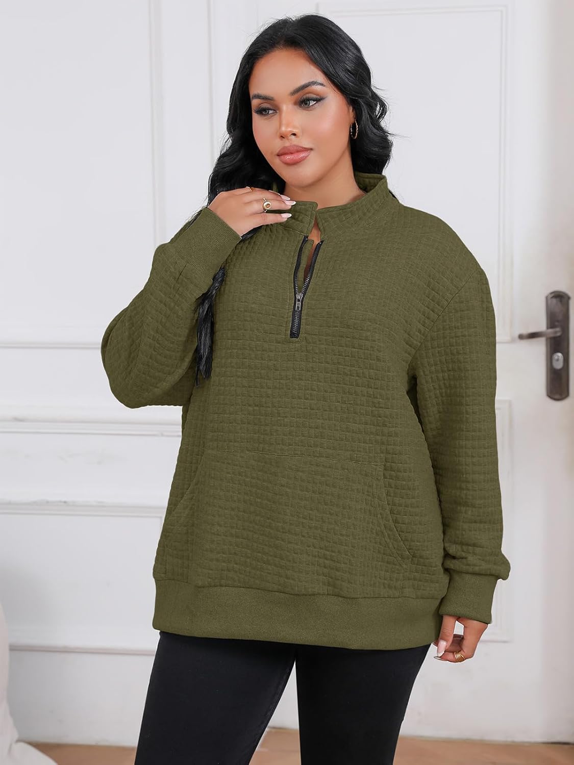 Plus Size Sweatshirts For Women Half Zip Long Sleeve Casual Fall Pockets Pullover Oversized Drop Shoulder Top - Image 4