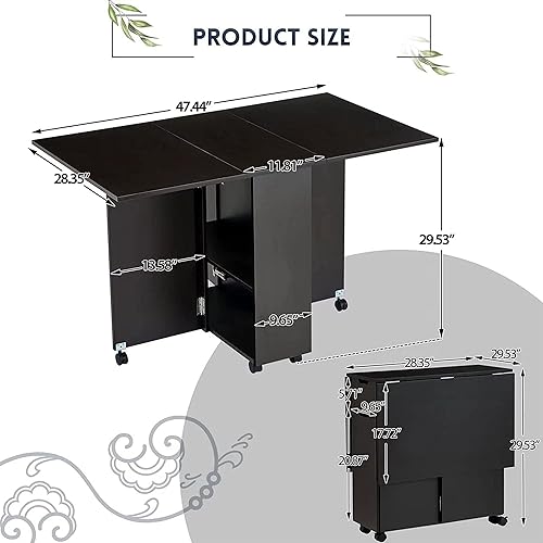 Miniatura 2 de JOMEED Mesa de comedor plegable con 6 ruedas cajón y estante de almacenamiento de 2 capas mesa de hojas caídas para una pequeña mesa de comedor que