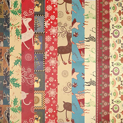 HOWAF Papel Kraft para Envolver Navidad, 10 Hojas de Papel para Envolver Regalos, 10 diseños Surtido, Navidad Papel para Regalo de Fiesta navideña, 74 cm x 51 cm Cover