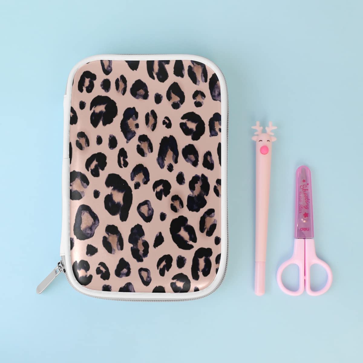 Estuche Para Lápices De Gran Capacidad Para Niñas Y Niños, Bolsa De Maquillaje De Piel Con Estampado De Leopardo Gris Con Compartimento Con Cremallera, Organizador Escolar Y Bolsa De Papelería