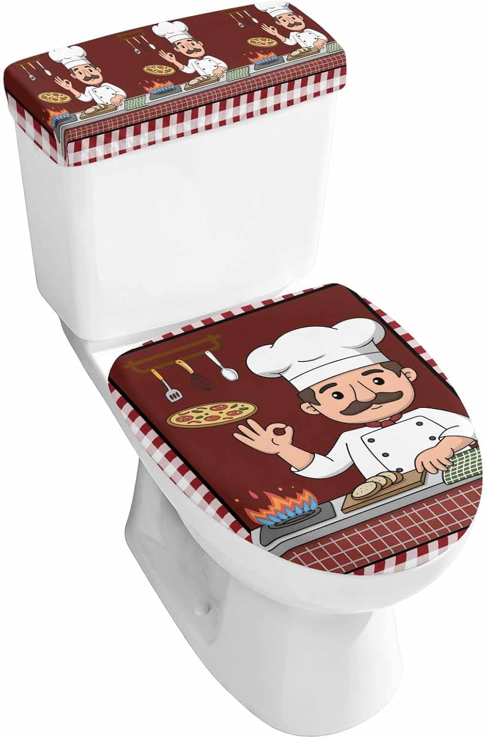 Ok Gourmet Cooking Toilet Lid Cover and Toilet Tank Cover, Funny Chef Kitchen Knife Fork Red Plaid Toilet Seat Cover Set 2 Pack, Washable Stretch Toilet Covers Sets for Bathroom with Elastic Bottom