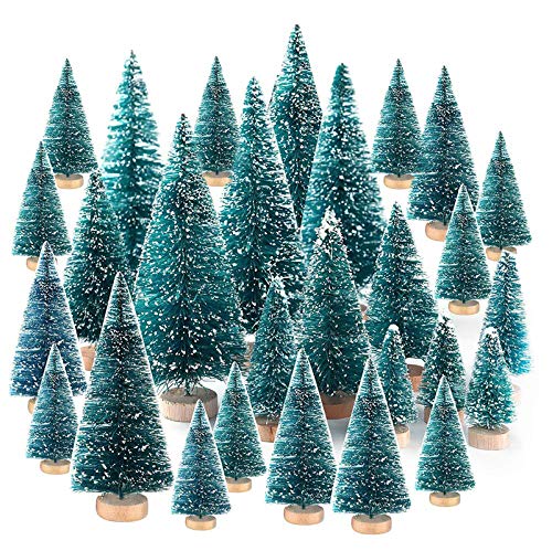 wonuu Artificial Mini Sisal Christmas Trees Snow Frost with Wooden Bases for Home Party Decoration Ornament DIY Craft (Blue-Green, Mixed 30 pcs)