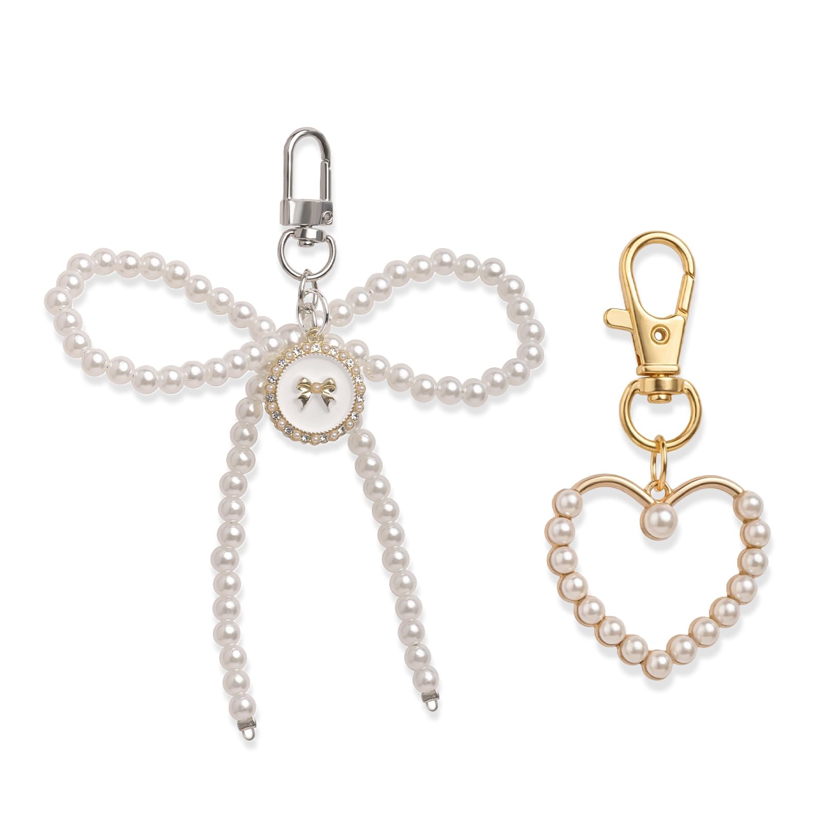 2Pcs Coquette Pearl Keychain Set, Aesthetic Bowknot Bag Charm & Pearl Heart Keychain, Cute Pearl Bow Keyring Accessories for Women Girls, Y2K Trendy Purse Backpack Pendant, Gift