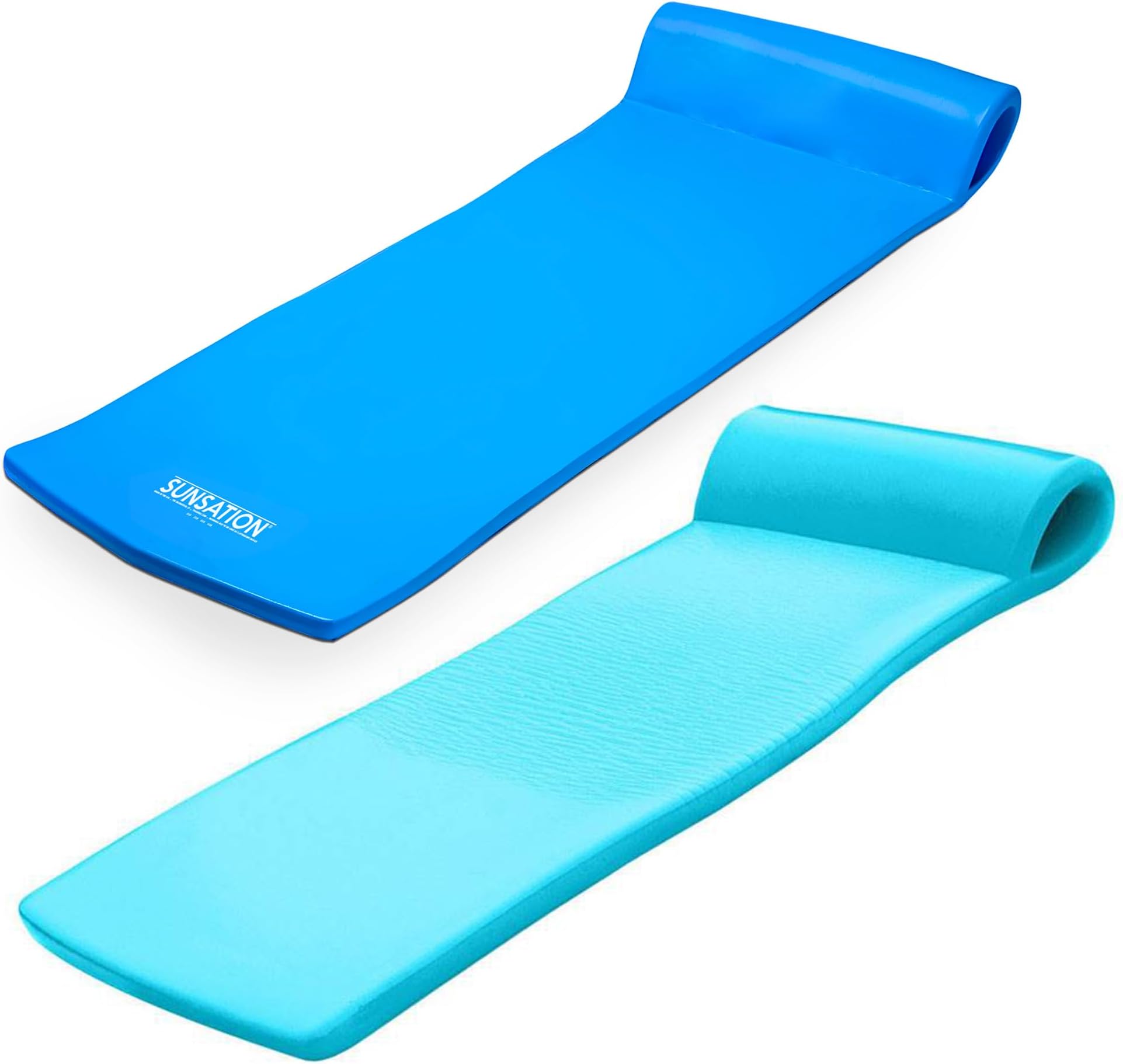 2-Pack Sunsation 1.75" Thick Foam Pool Float Lounger, Bahama Blue & Tropical Teal w/Headrest for Lounging & Sunbathing in Swimming Pools, Beaches & Lakes, 70" x 26"