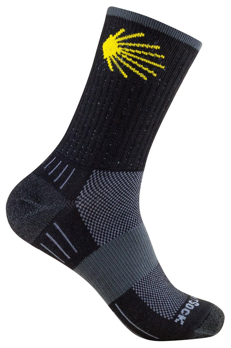 Wrightsock - 1 Paar Herren/Damen Profi Sportsocke, Wandersocke in schwarz, Anti-Blasen-System, doppel-lagig, Crew (wadenhoch) - Stick Jakobsweg - Gr. L