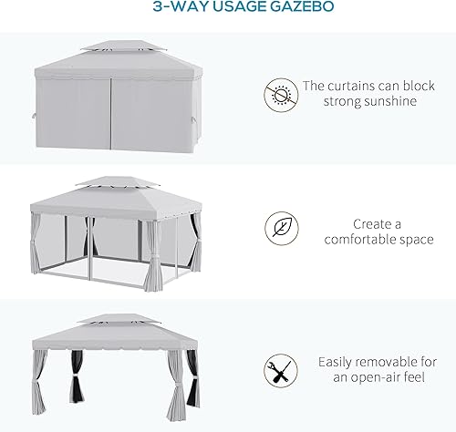 Miniatura 3 de Outsunny Cenador de patio de 10 x 13 pies, techo de poliéster de 2 niveles, toldo ventilado, malla, marco de aluminio portátil para exteriores, gris