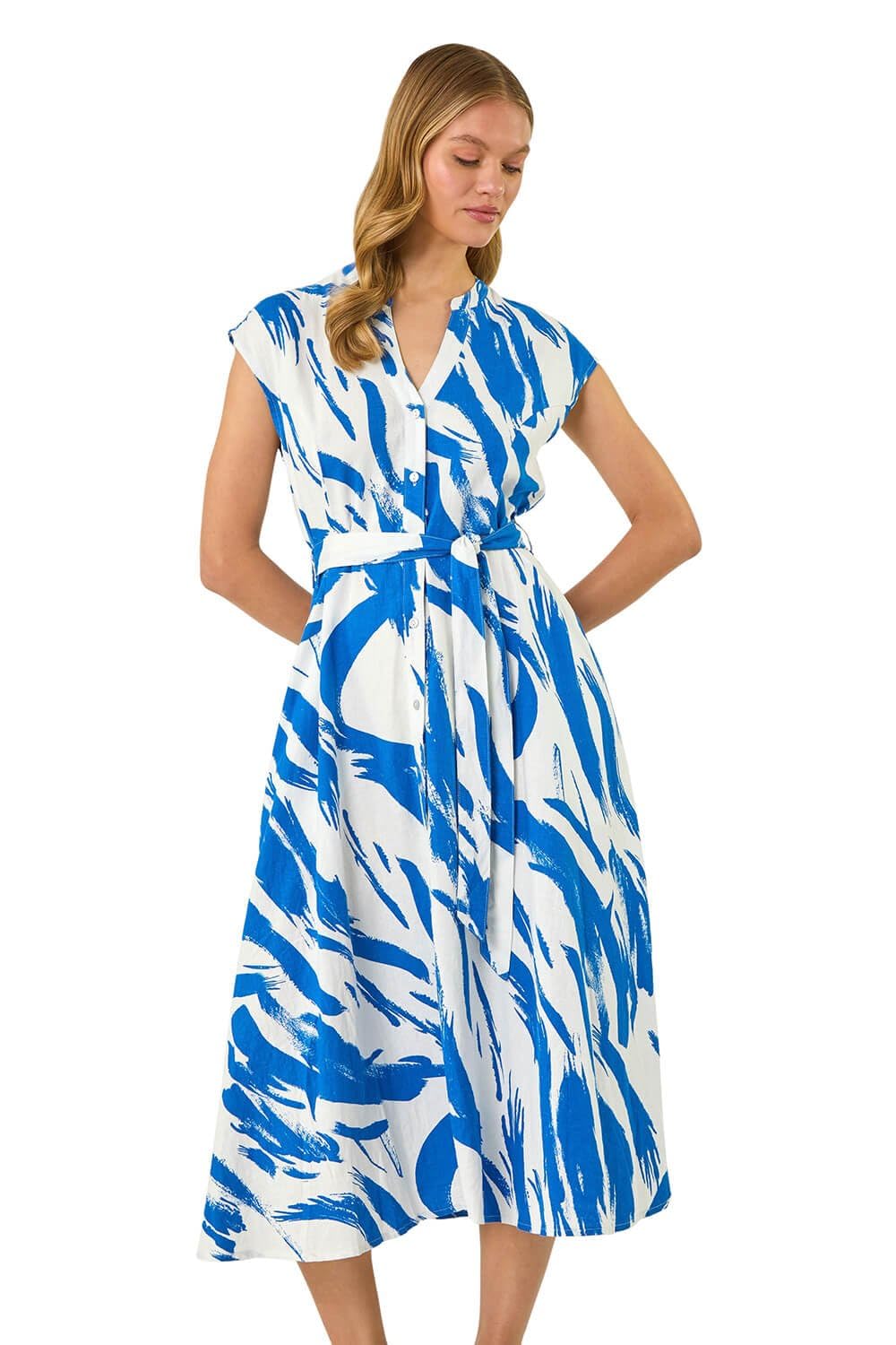 Roman Originals Women's Blue Brushstroke Linen Mix Midi Dress For Uk - Everyday Holiday Spring Summer V-Neckline Comfy Soft Evening Vacation Work Party - Size 18