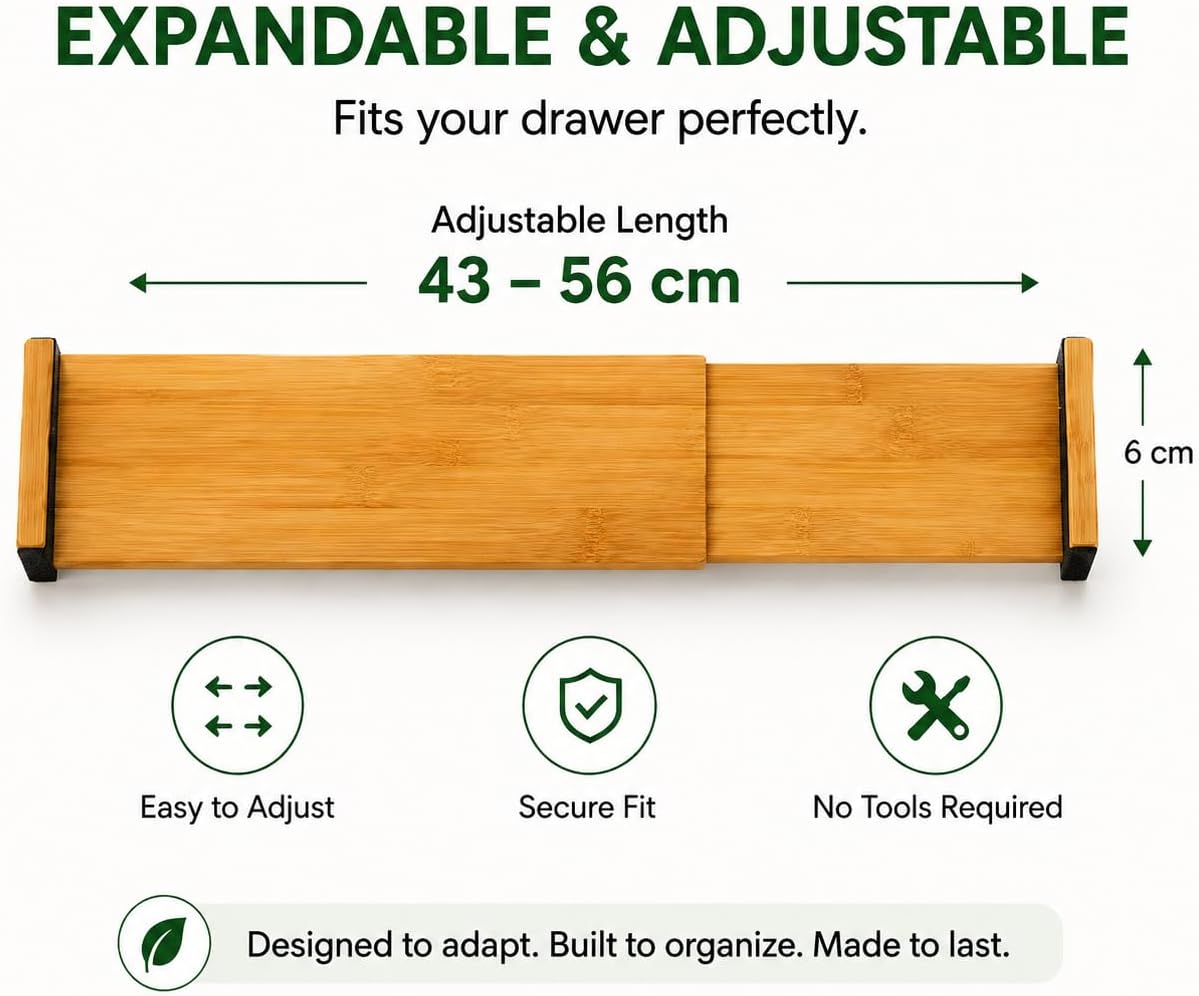 Bamboo Drawer Divider 6 Pack, Expandable Kitchen Drawer Organisers, Adjustable Wooden Dividers for Cabinets, Dresser and Deep Drawers, 43-56 cm Long, 6 cm High