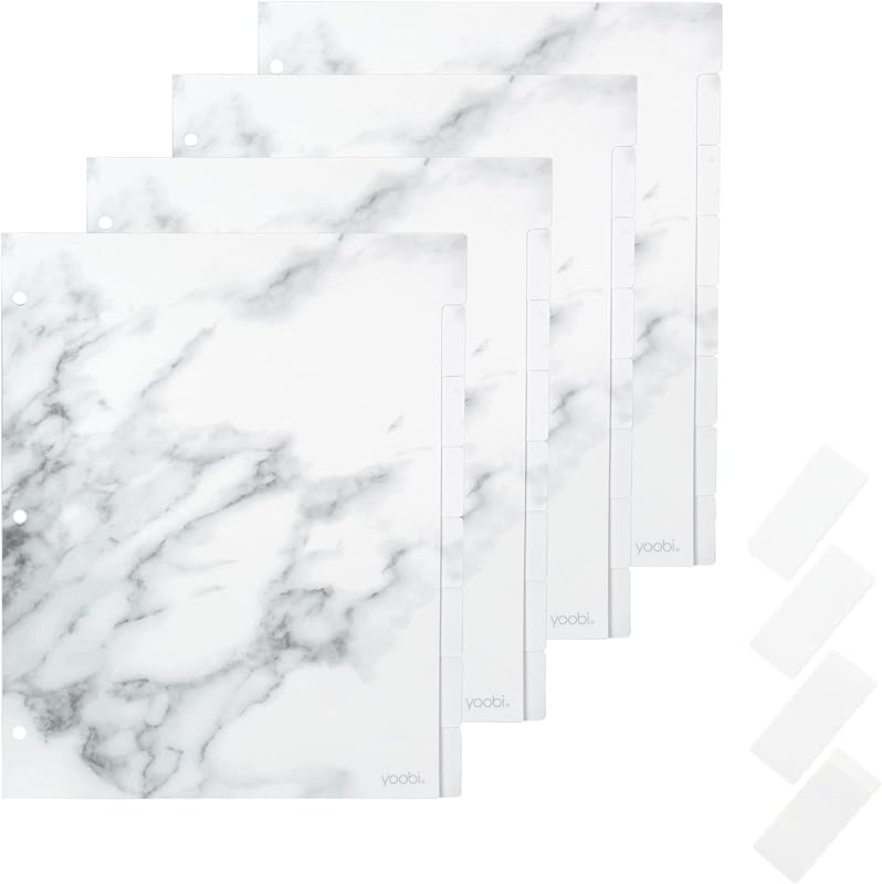 Yoobi Marble Separadores de carpetas de 8 pestañas, polietileno, etiquetas adhesivas, paquete de 4, resistentes | Diseño de 8 pestañas, construcción robusta de poliéster, etiquetas adhesivas en blanco incluidas, paquete de 4