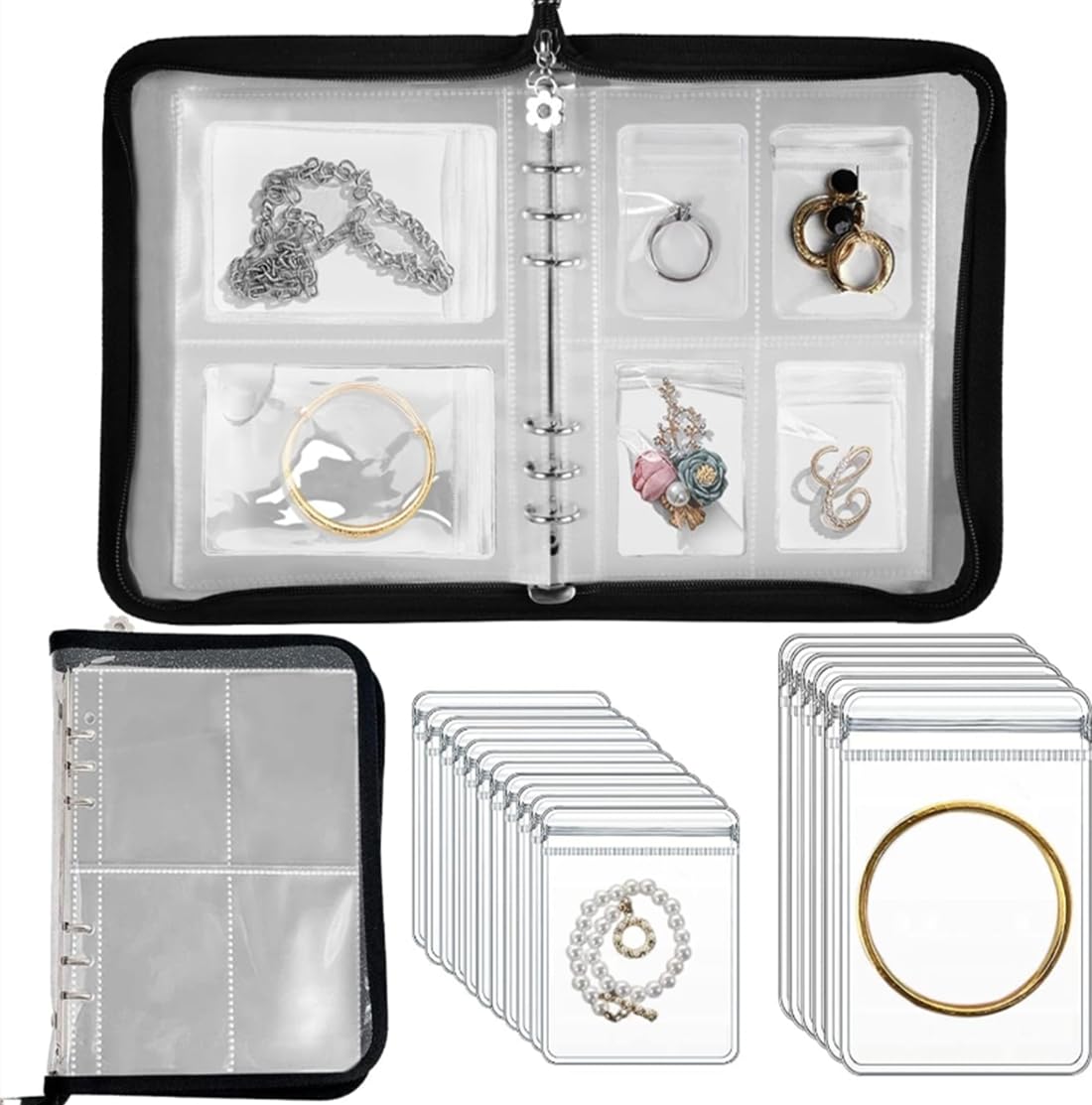 TsbfeeryTsbfeery Travel Jewelry Organizer Jewelry Storage Box with Pocket Traveling Necklace Earring Organizer with Zipper for Ring, Bracelets, Stud,Necklace with 70 Grids /60 Thicken PVC Zipper Bags (Black)