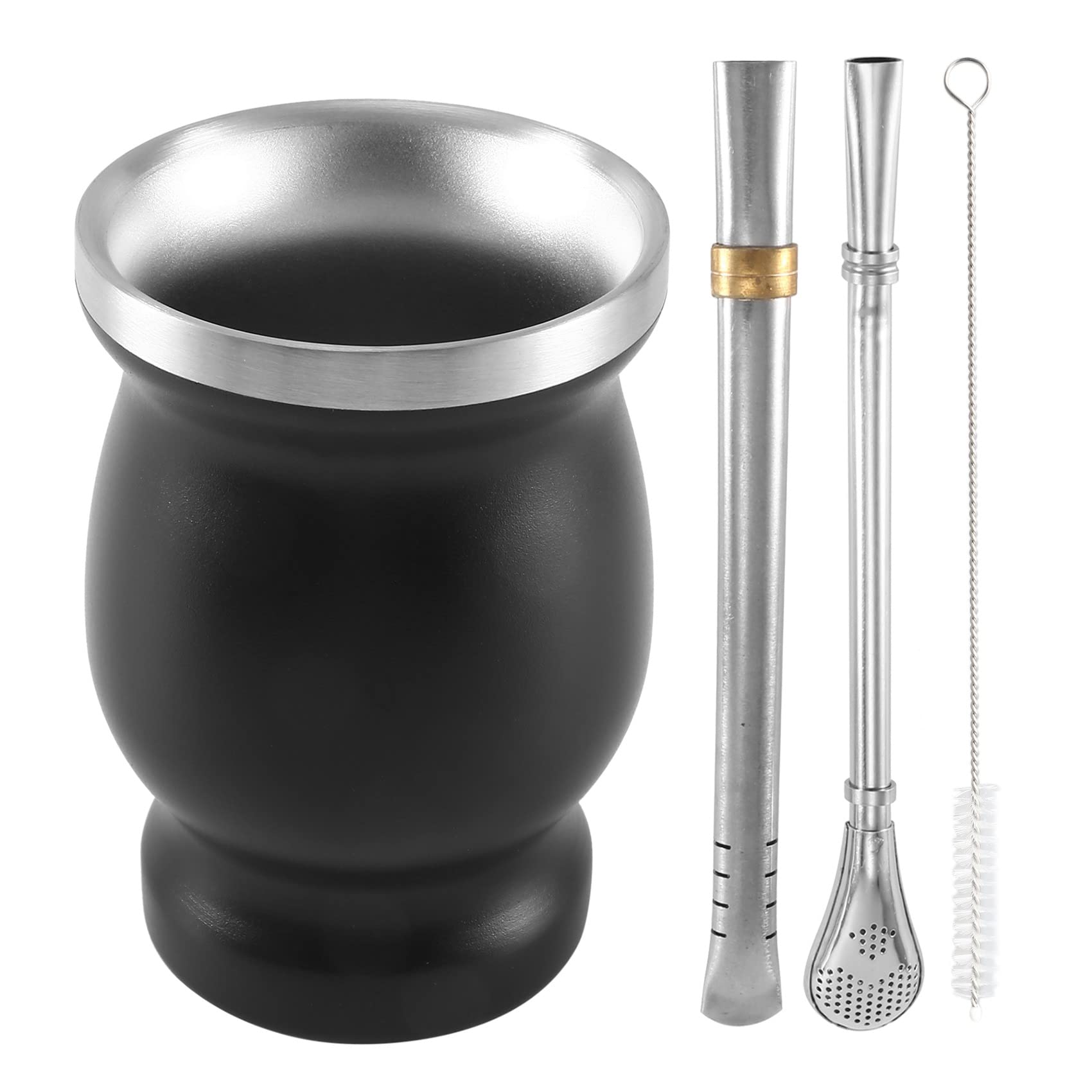 Bortivier Double-Wall Stainless Yerba Mate Gourd Tea Cup Set Coffee Water Cup with 2 Bombillas Straws Spoon&Clean Brush 8Oz Black