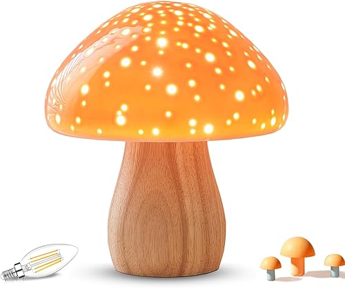 BOHON Lámpara de hongo, lámpara de mesita de noche de cerámica para mesita de noche de dormitorio, luz nocturna naranja retro, lámpara estética