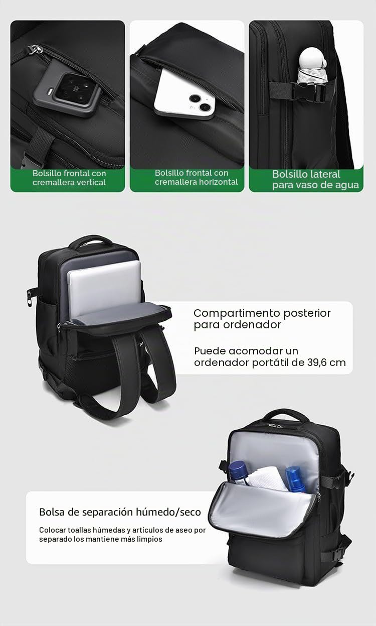 smallrun Mochila de Viaje para Ryanair 40x30x20 Mochila Viaje Cabina Avion Equipaje de Mano con Bolsa Antirrobo Bolsillo de Botellas para Viaje Corto (2217Verde)