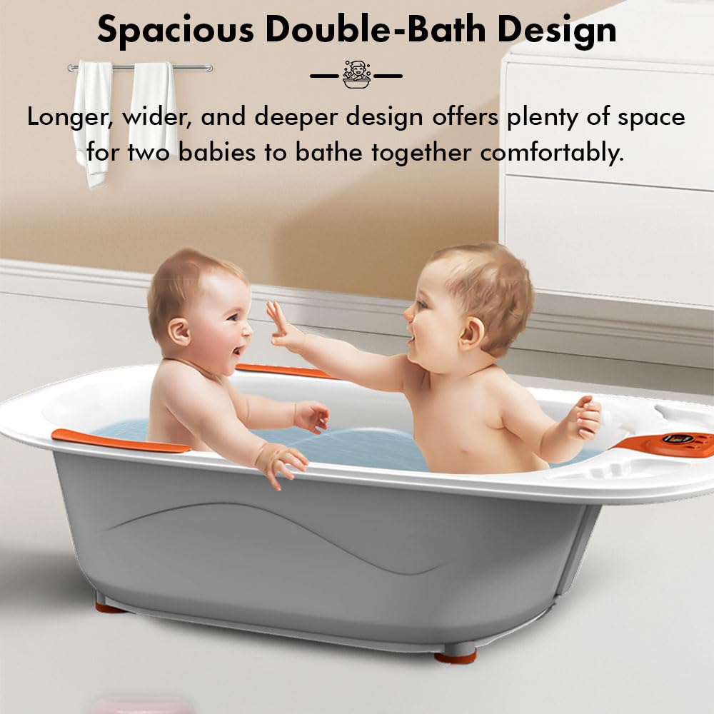 StarAndDaisy Baby Bath tub for 0 to 5 Years with Temperature Sensor/Bath tub for Kids 0-3 Years for Kids with Anti-Slip Legs/Bath tub for Baby with Baby Bather Without Wheel(White-Orange) 2
