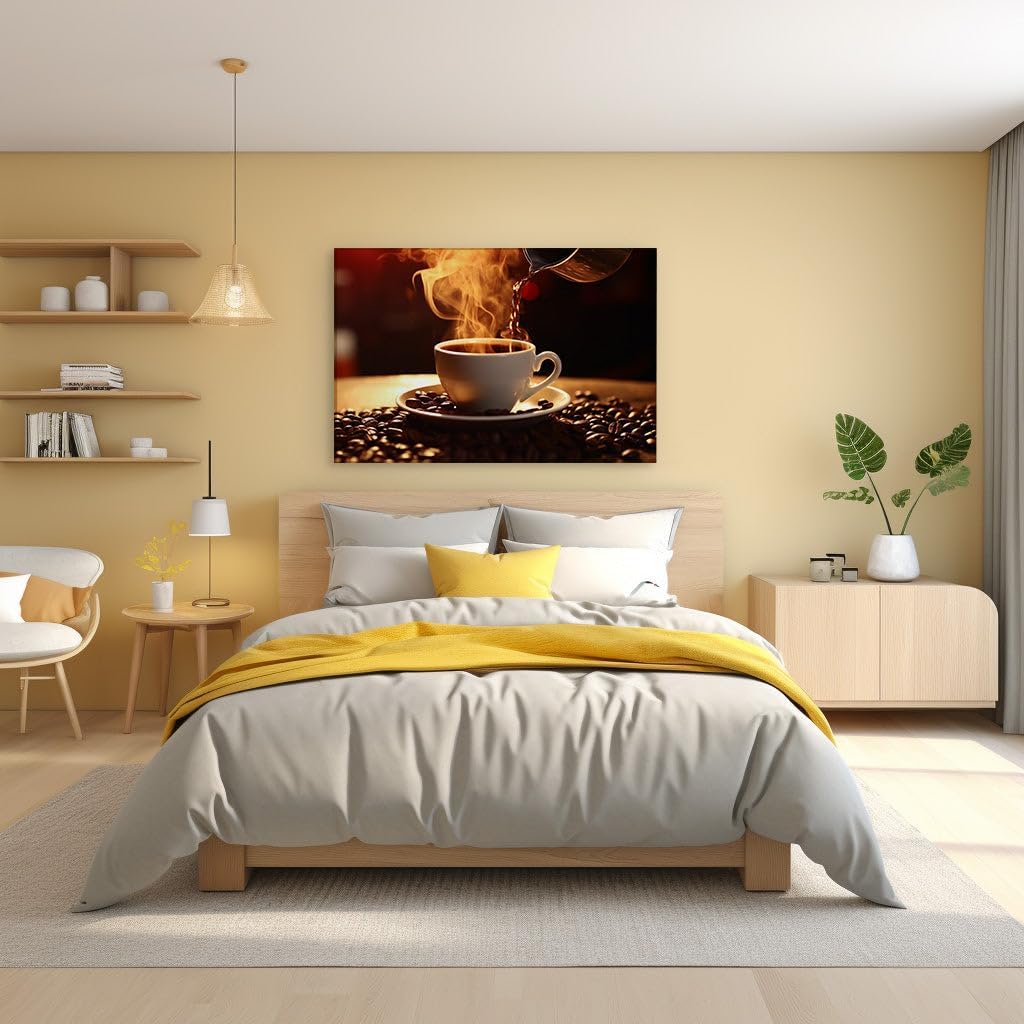 Canvas for Living room. Steamy Elegance as Coffee Overflows from Cup to Coziness, 27 x 18 inch Canvas Wall Art - Abstract By Atmosphere - Modern Home Decor