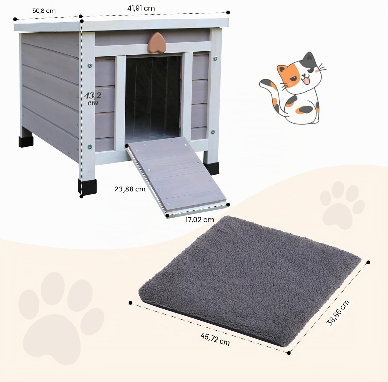 Maison de Chat d'extérieur avec Tapis, Maison de Chat Exterieur en Bois,Sauvage extérieure résistant aux intempéries, Petite Maison en Bois avec Tapis 42 x 51 x 43 cm (Gris)