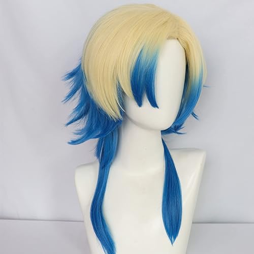 Miniatura 4 de ANOGOL Gorro de pelo + peluca corta rubia azul degradado, peluca amarilla resistente al calor, peluca sintética para hombres y niños, peluca de