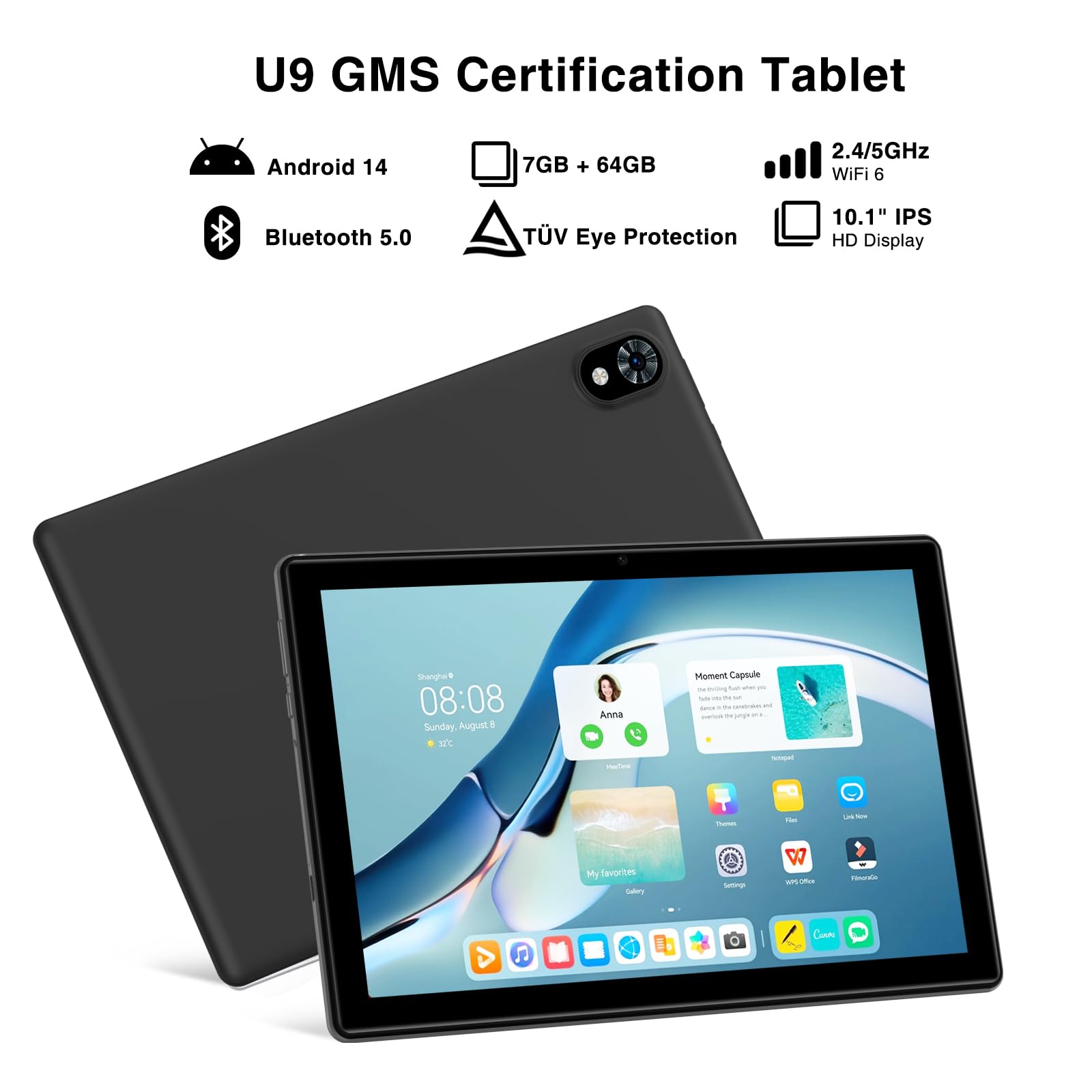 DOOGEE U9 2024 Nuovo Android 14 Tablet 10 Pollici, 7GB RAM + 64GB ROM 1TB TF, Bluetooth 5.0 WIFI 6 Tablet, 5060mAh/OTG/Tipo C/3.5mm Jack per Cuffie, Protezione Degli Occhi a Bassa Luminosità Blu TÜV