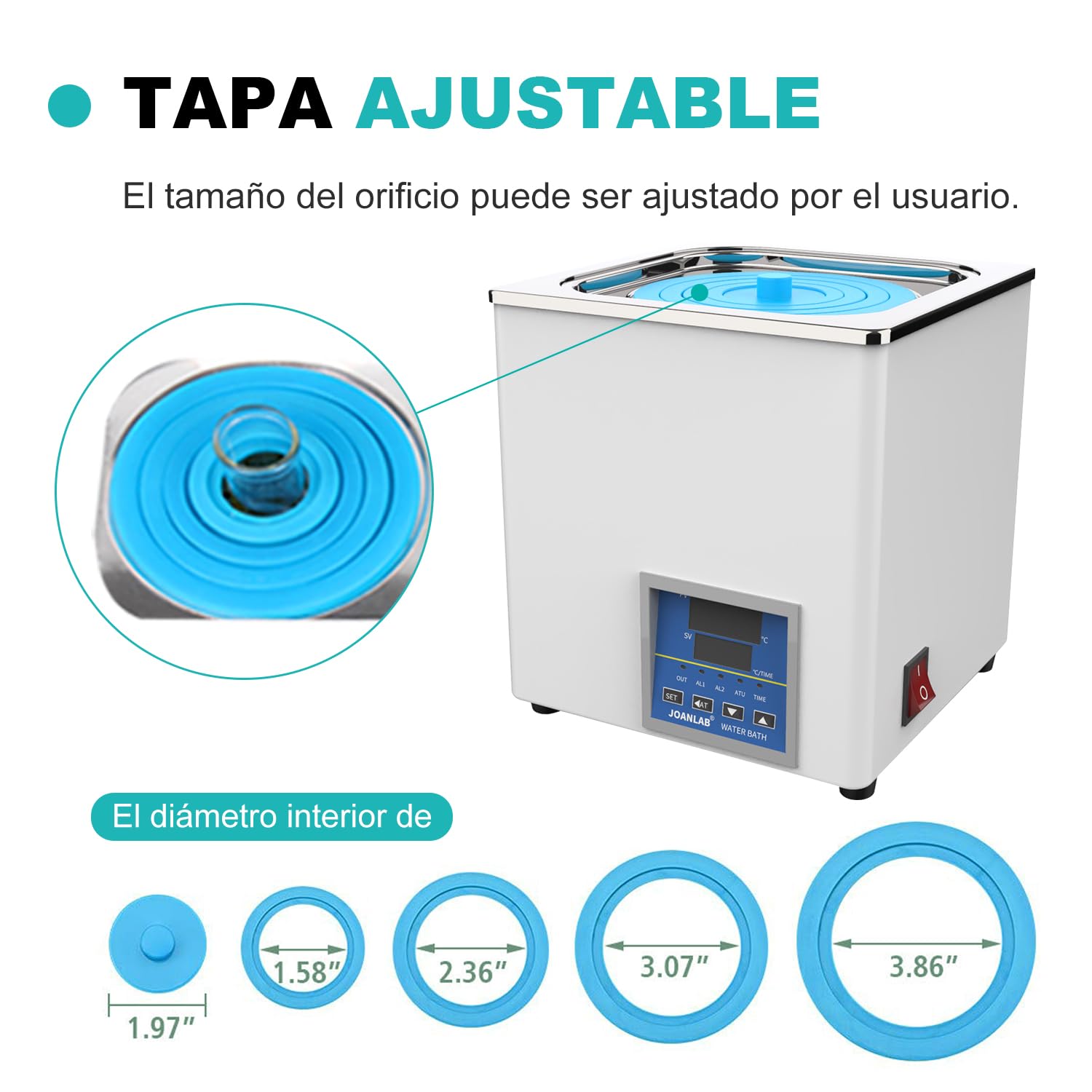 JOANLAB Baño María Laboratorio 3L, 300W - Una Abertura, Acero Inoxidable - Termostato Digital ±0,1°C - Temporizador 0-99 Min - Pantalla LED
