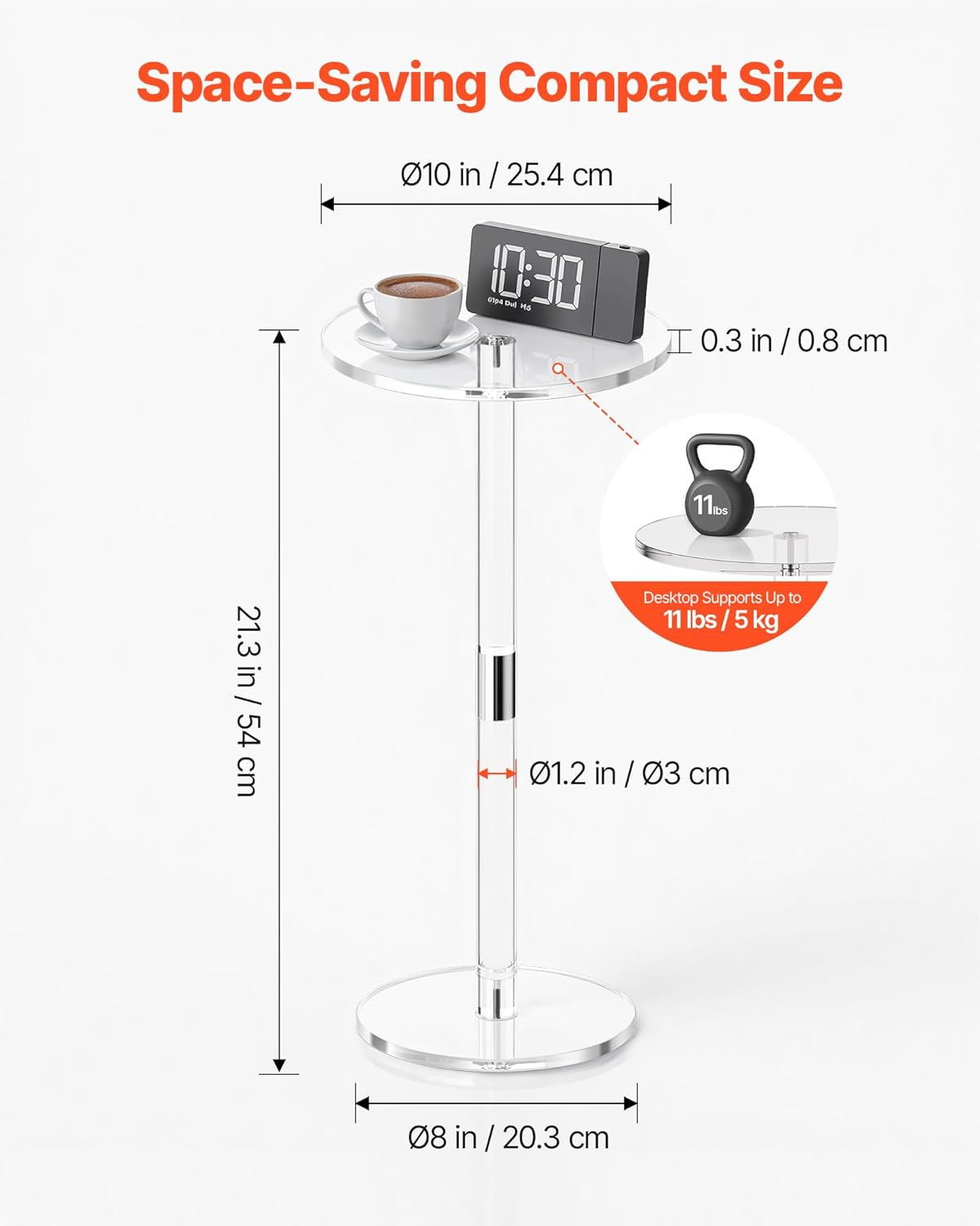 VEVOR Acrylic Drink Table, Small Round Side Table with Solid Post, Modern Clear End Table Transparent Cake Desk for Coffee, Cocktail, Dessert, Snack, Living Room, Bedroom, Bathroom, Easy Assembly