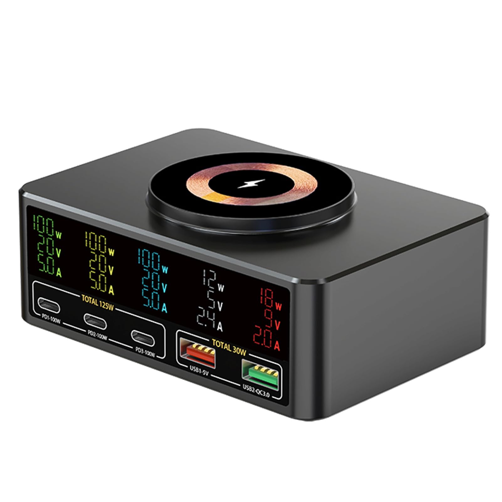 Walmeck Stacja Szybkiego ładowania o Dużej Mocy 140 W. Wieloportowa ładowarka USB. Bezprzewodowy koncentrator. Wyświetlacz Prądu w Czasie Rzeczywistym do Podróży z Telefonem Komórkowym (EU)