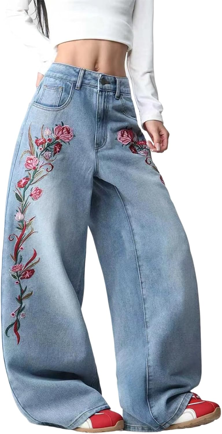Women's Wide Leg Baggy Jeans Casual Relaxed Fit Y2k Hip Hop Floral Embroidered Denim Pants Streetwear