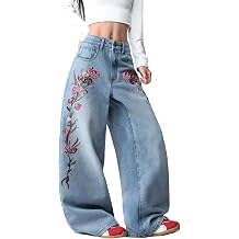 Women's Wide Leg Floral Embroidery Baggy Jeans Denim Pants