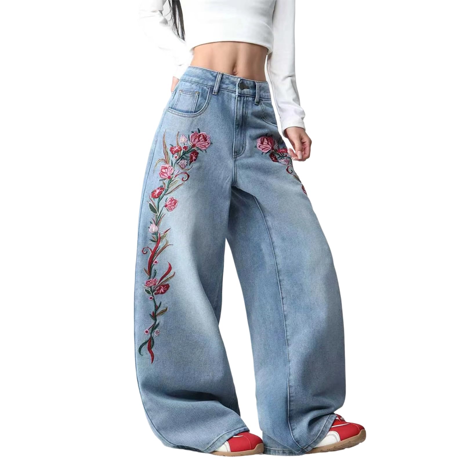 Weit geschnittene Damen Baggy Jeans mit Blumenstickerei | Lässige Jeans im entspannten Schnitt, 5 Taschen, Skater-Streetwear, stylisch, Y2K-Hose (2000er), lockere Passform, Hip-Hop