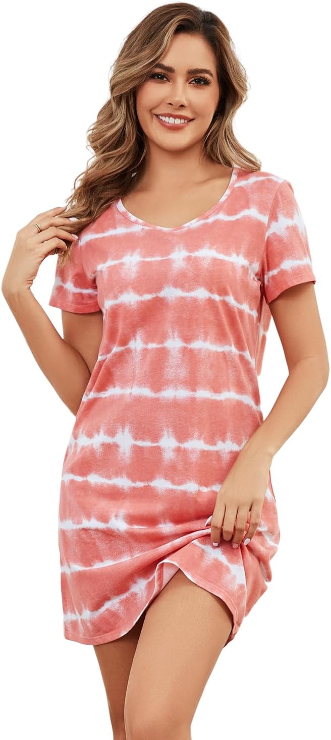 Inadays Women's Cotton Nightgown Sleepwear Short Sleeves Nightshirt Casual Print Sleepdress Loose Comfy Pajama - Image 3