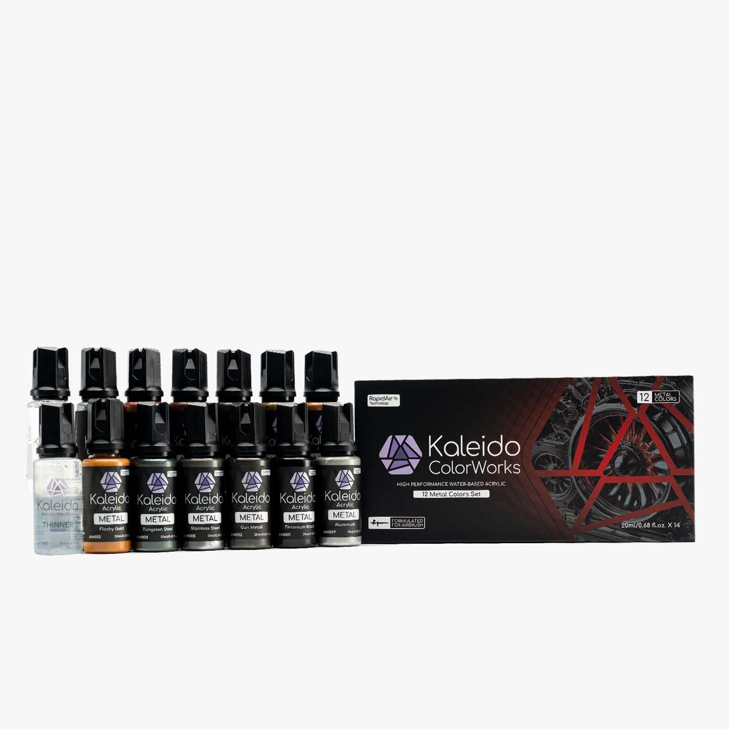 GaahleriKaleido Metal 12-Color Set – Water-Based Acrylic, Metallic Airbrush Paint Kit for Car Models, Gundam,Gunpla,Mecha,Pre-Thinned, High Gloss, Fast-Drying, with Thinner & Cleaner