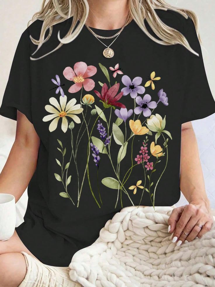 Women Floral Graphic Tee Short Sleeve T Shirts Vintage Wildflower Flowers Printed Summer Tops Tshirt - Image 2