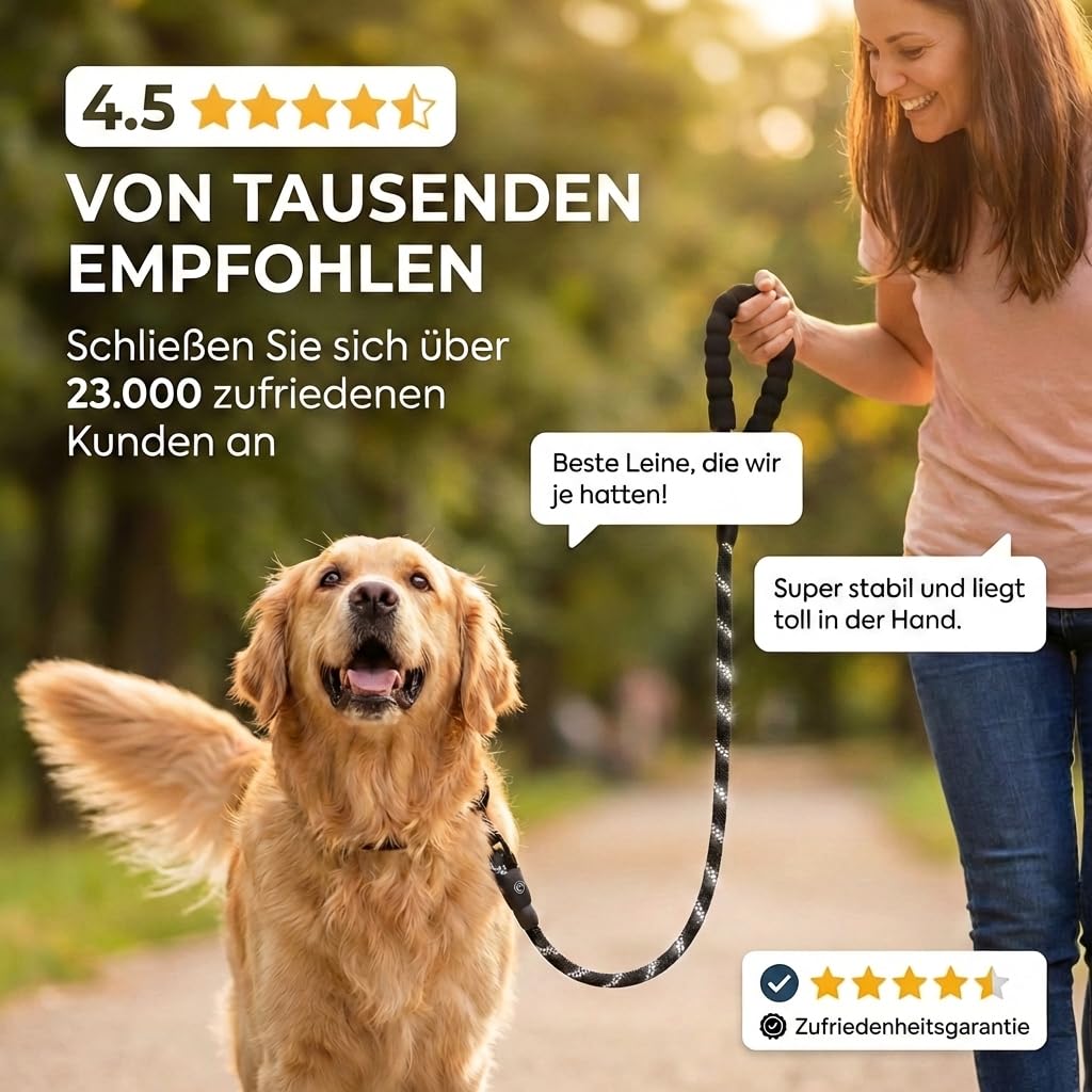 HUND IST KÖNIG Smycz dla psa, na spacery i treningu, z miękkim uchwytem i elementami odblaskowymi, idealna smycz do noszenia na co dzień dla psów o wadze 10-25 kg (True Black, 3,0 x 1,2 cm)