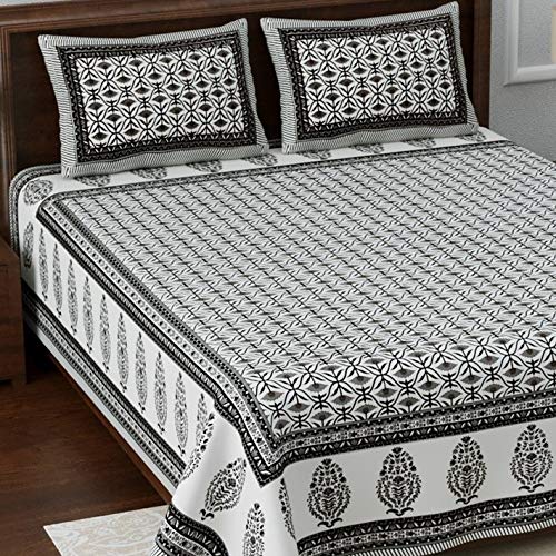 Image of LIVING ROOTS Ethnic Rajasthani /Jaipuri /Sanganeri Block Print 100% Cotton Super King Size 100 * 108 Bedsheet with 2 Pillow Covers (44A)