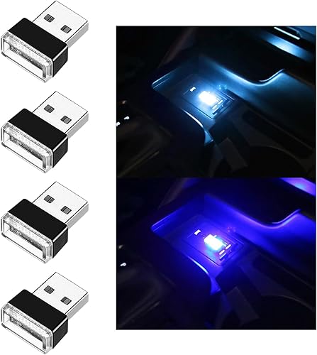 Kewucn 4 lámparas LED USB para el interior del automóvil, mini luz nocturna LED portátil, kit de iluminación ambiental para automóvil, luz nocturna