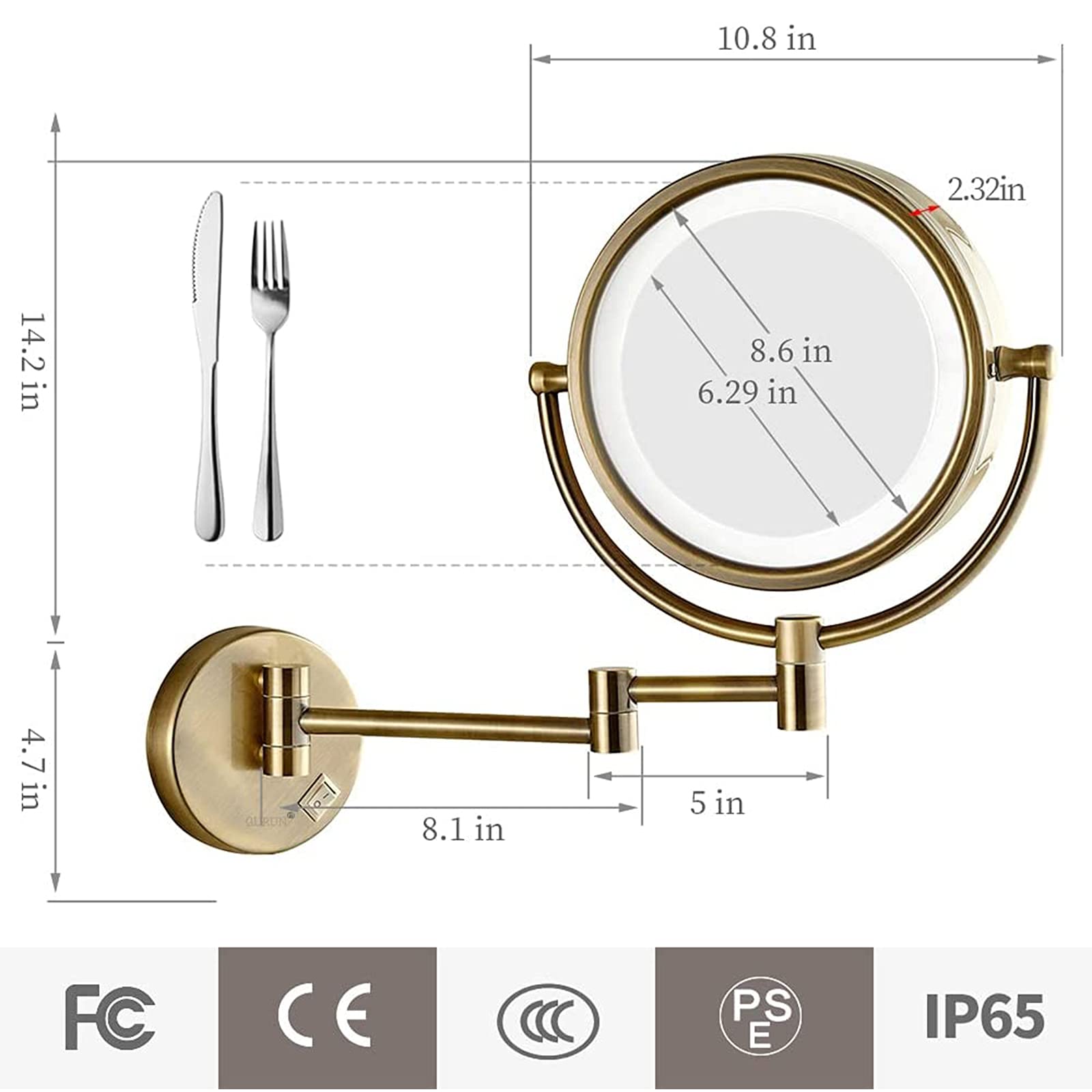 WYCSAD Espejo de Maquillaje con luz LED montado en la Pared de 8.5 Pulgadas con Aumento, Espejo de vanidad de Afeitar de Doble Cara de Bronce, Alimentado por Enchufe, 5X (5X) Decoration