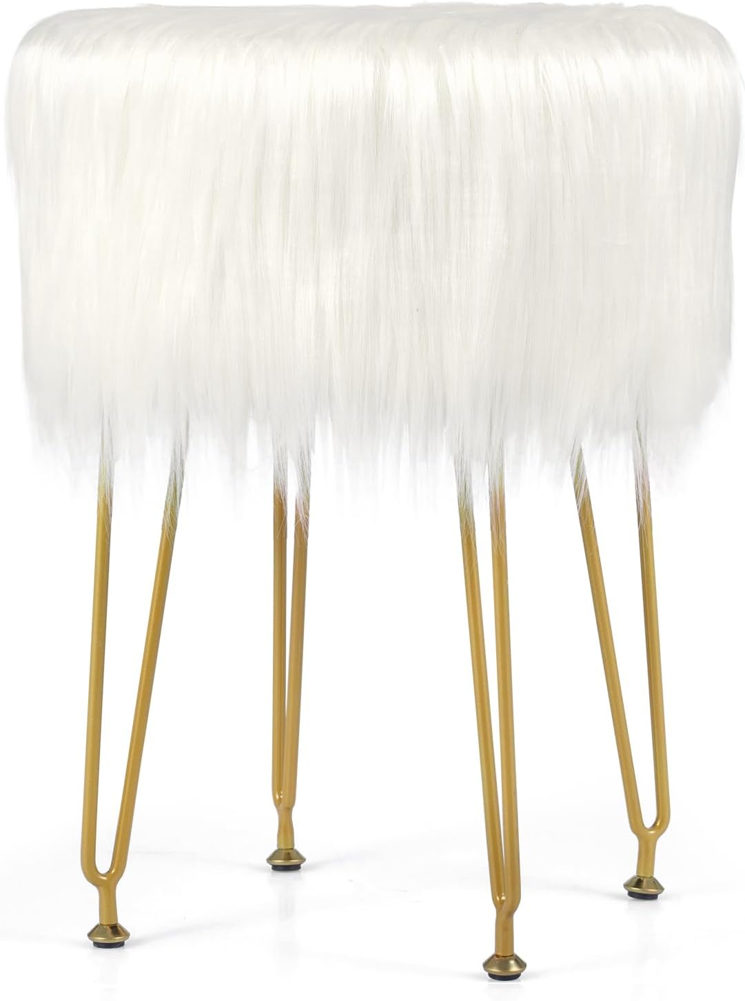 Giantex Faux Fur Vanity Stool Chair, White Round Furry Makeup Stool with 4 Metal Legs, Adjustable Footings, Fluffy Padded Seat, Small Ottoman Foot Rest for Living Room, Bedroom, Makeup Room, Entryway