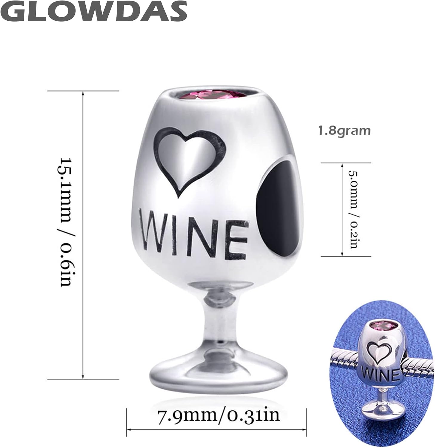 Wine Glass Cup Charms fit Pandora Valentines Day Bracelet, 925 Sterling Silver Wine Bottle Beads with Red CZ, Cocktail Goblet Charm, Birthday Gifts for Wedding/Nana/Wife/Couple - Image 2
