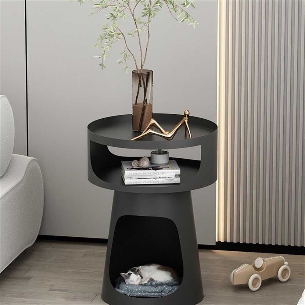 Side End Table Creative Metal Round Side Table Double-Layer Coffee Table, Balcony Sofa Table, Bedroom Nightstand, Pet Bed for Cats Accent Coffee Table for Living Room Bedroom Office(Black)