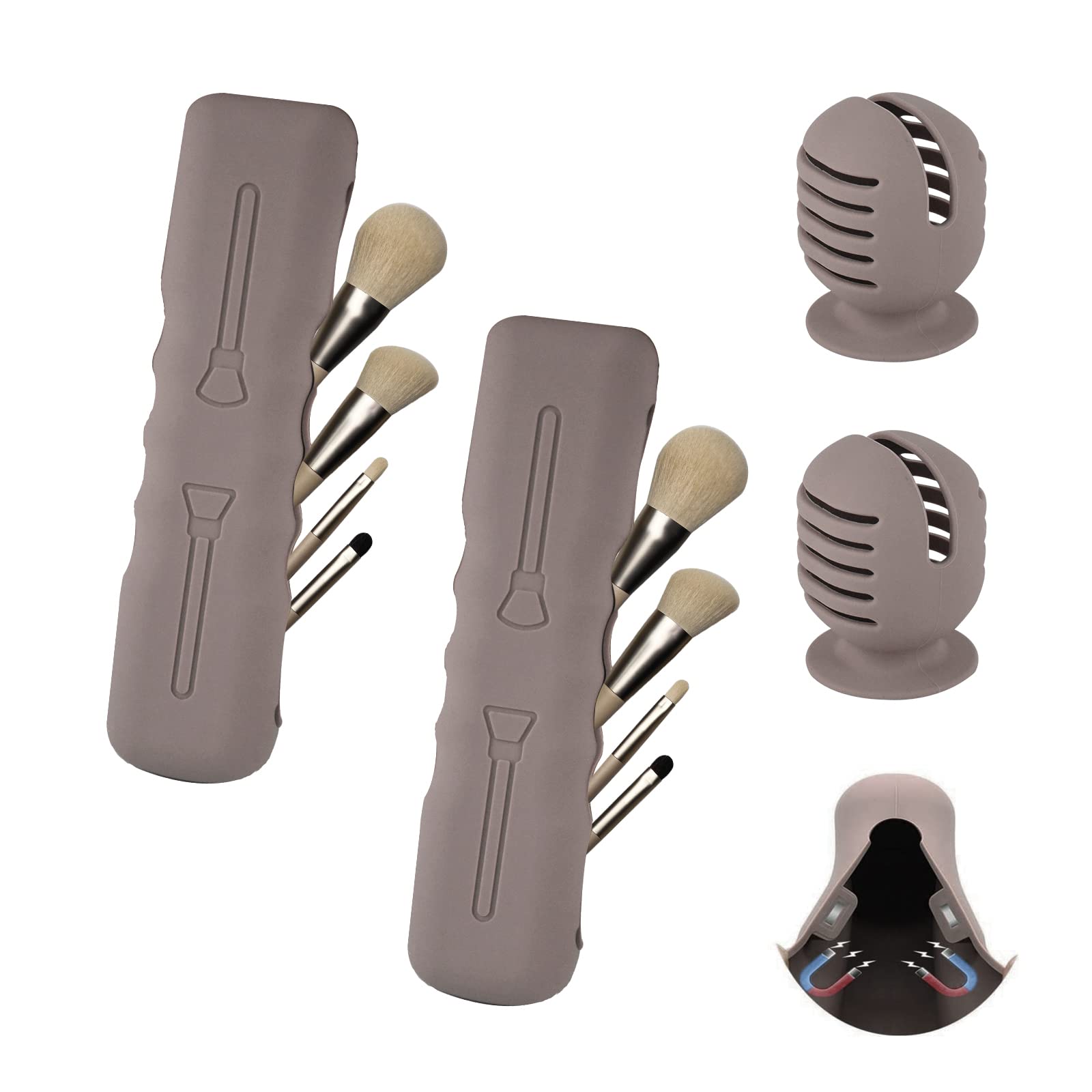 Coriver Makeup Brush Holder, 2 PCS Silicone Makeup Brush Bag with Magnetic Closure, 2 PCS Makeup Brush Sponge Holder with Double-Sided Vent Design, Cosmetic Tools Storage Bag for Traveling