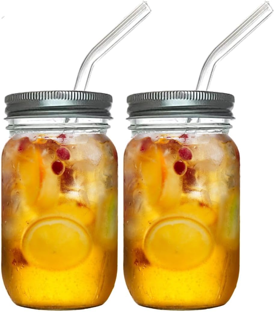 Jarming Collections Home Mason Jar Glass Drinking Glasses With Lids And Straws - 24oz Iced Coffee Cup - Glass Tumbler With Straw And Lid (Set of 2)