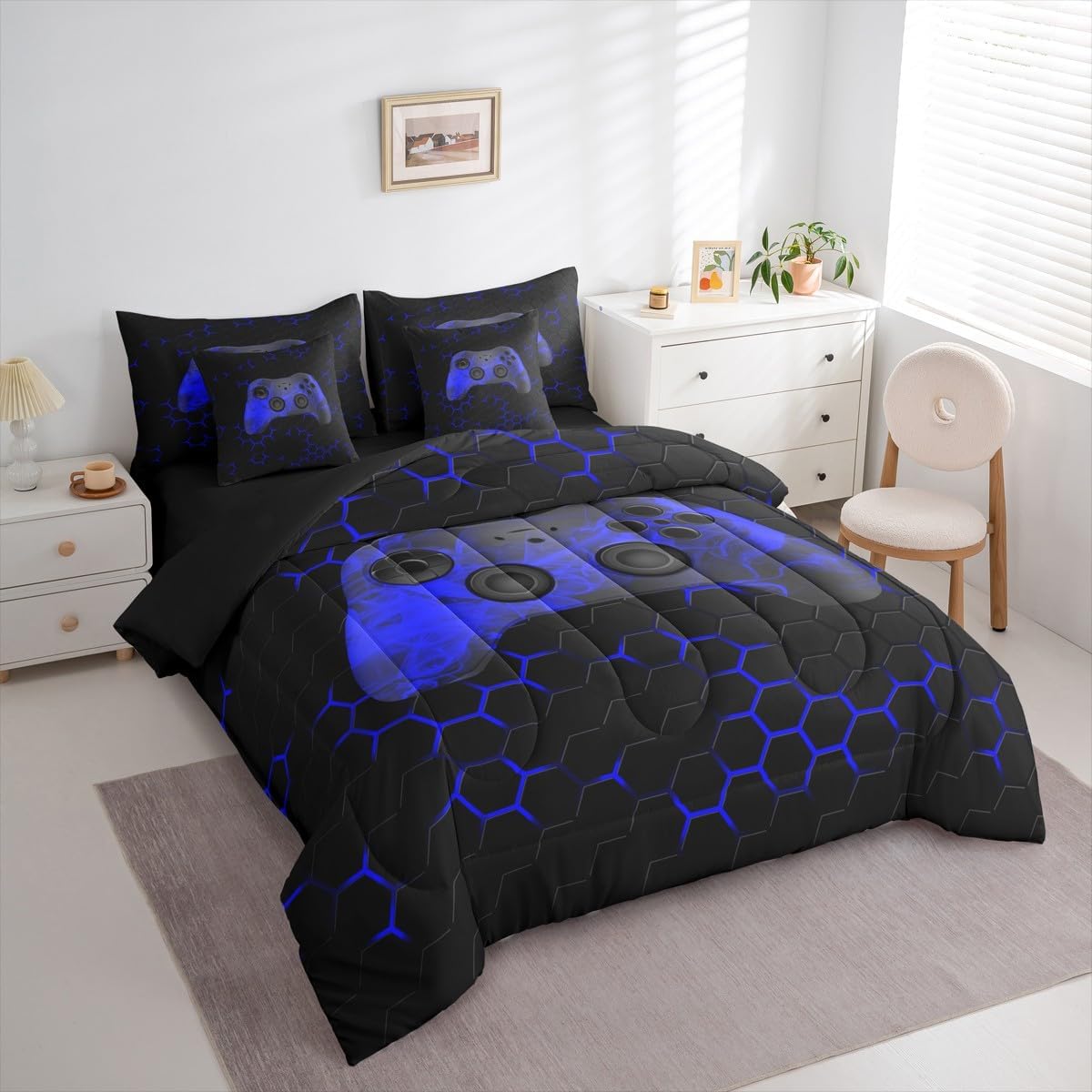 Erosebridal Gaming Twin Bed in A Bag 7 Piece Video Game Comforter Set with Sheets Gamer Gifts Bedding Sets for Teens Adults,Gamepad Geometric Bed Set