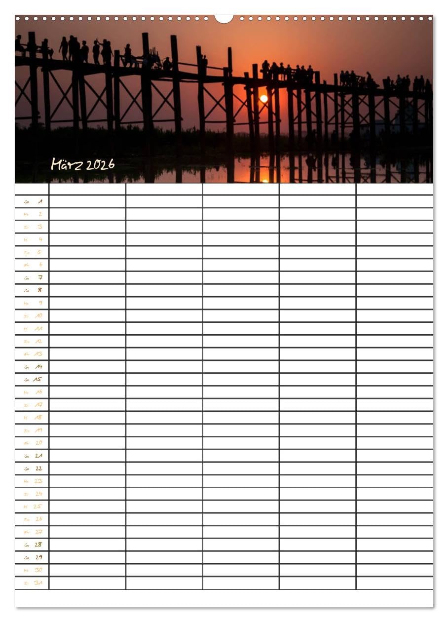 Goldenes Myanmar - Familienkalender 2026 (hochwertiger Premium Wandkalender 2026 DIN A2 hoch), Kunstdruck in Hochglanz: Myanmar - das Land der ... 5 Spalten für Ihre Einträge. (CALVENDO Orte)