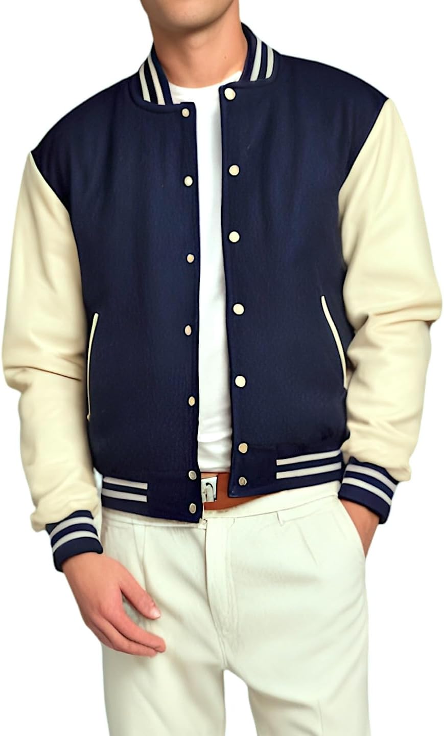 Deckra Men's Varsity Jacket Genuine Leather Sleeve and Wool Blend Letterman Boys College Varsity Jackets XS-5XL