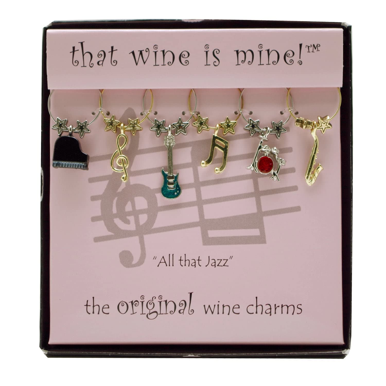 Marcadores de copas Wine Things WT-1400P pintados con diseño musical All That Jazz
