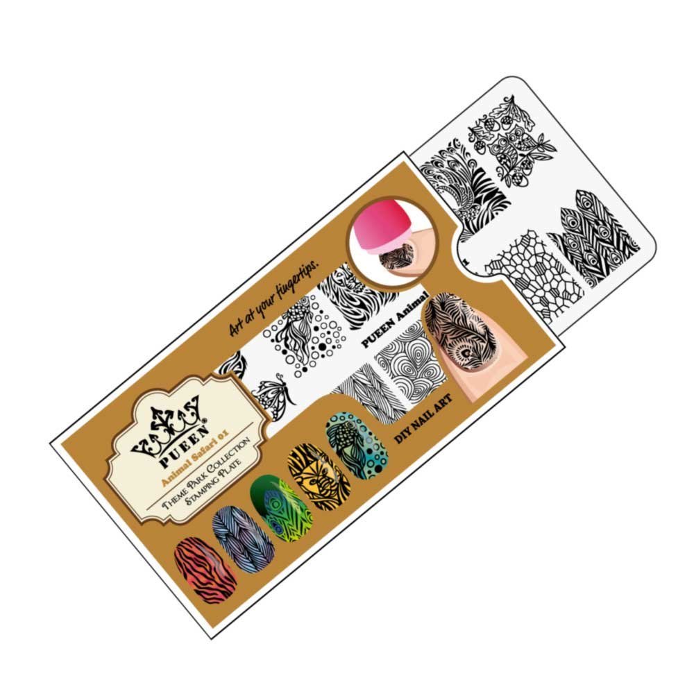 PUEEN Nail Art Stamping Plate - Animal Safari 01 - Theme Park Collection 125x65mm Unique Nailart Polish Stamping Manicure Image Plates Accessories Kit - BH000713