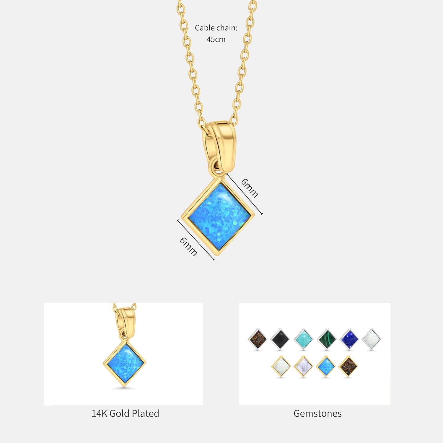 14K Gold Plated Pendant Blue Opal Necklace - 6x6mm Square October Birthstone - 45cm Gold Plated Silver Cable Chain - Opal Jewelry for Women - Ideal Gift for Loved Ones - Image 7