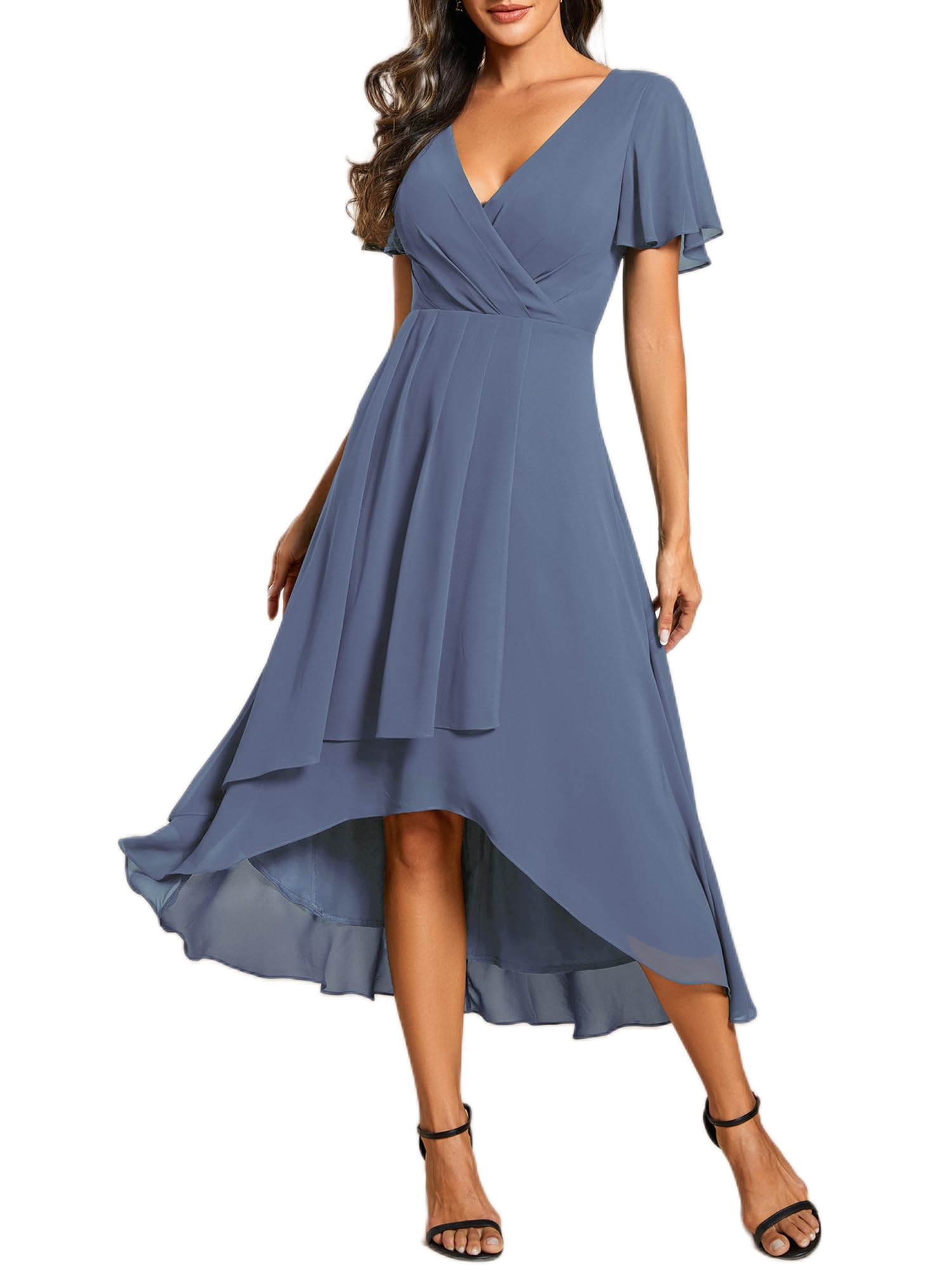 Ever-Pretty Abito da Ospite Scollo A V Maniche A Volant Gonna A Trapezio Abiti Cerimonia Donna Eleganti EG02084